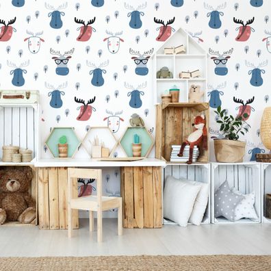 10m VLIES TAPETE Rolle Kinderzimmer Wald Wildtiere Elche Bäume Gemalt XXL 2278