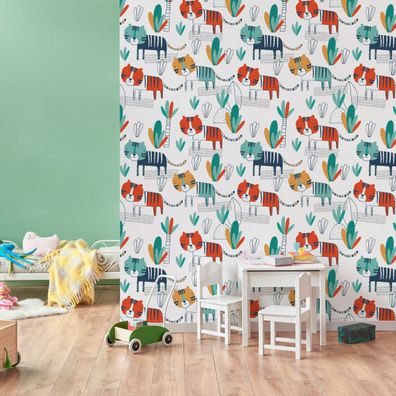 10m VLIES TAPETE Rolle Kinderzimmer Dschungel Tiger Pflanzen Bunt XXL 2108