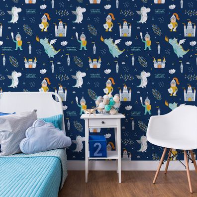 10m VLIES TAPETE Rolle Kinderzimmer Schlösser Drachen Ritter Wolken XXL 2298