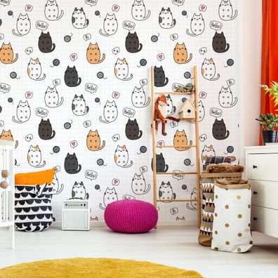 10m VLIES TAPETE Rolle Kinderzimmer Katzen Strickwollen Kariert Bunt XXL 2091