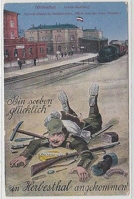 66095 Feldpost Humor Ak Bin soeben glücklich in Herbesthal angekommen 1917