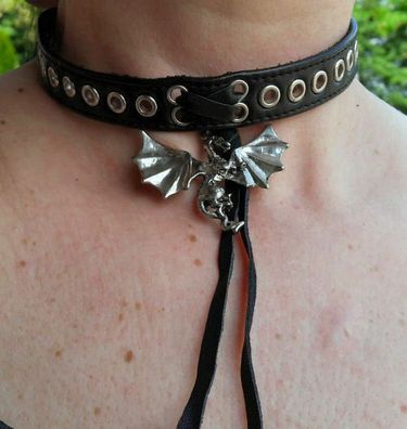 Halsband aus Leder mit Anhänger aus Weißmetall Gothic Larp Gotik NT60102