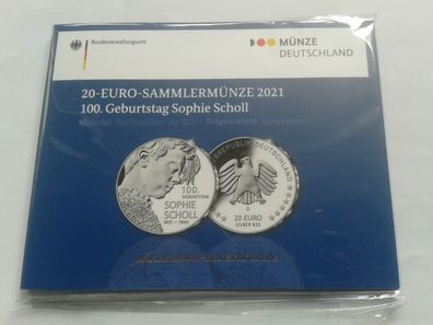 Original 20 euro 2021 PP Deutschland Sophie Scholl 925er Sterlingsilber unter Ausgabe