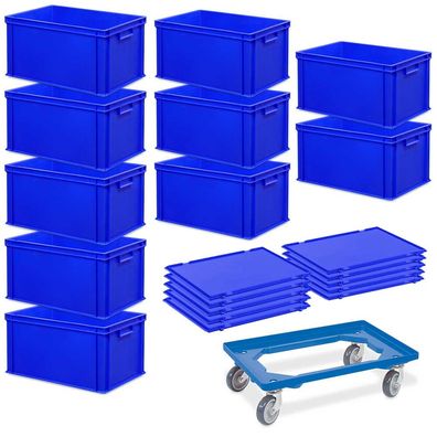 10 Euroboxen, LxBxH 600x400x320 mm + 10 Scharnierdeckel + 1 Transportroller, blau