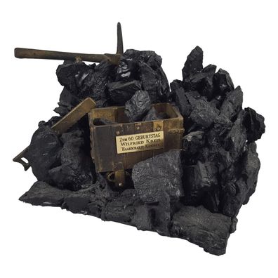 Kohleskulptur Kohlefigur Kohlewagen Messing Bergbau 24x17x15 cm