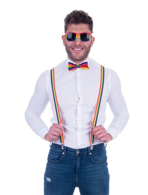 Regenbogen Set Brille Fliege Hosenträger Rainbow Hippie Karneval Fasching