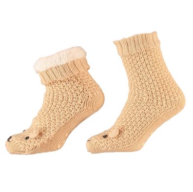 Apollo Cosy Homewear Socken kuschelsocken mit 3D Katz Beige Farbe unten rutschfest
