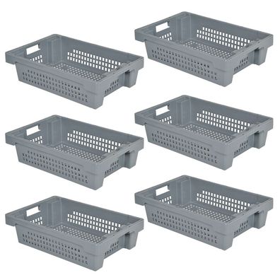 6x Drehstapelbehälter, grau, Boden und Wände durchbrochen, LxBxH 600x400x150 mm