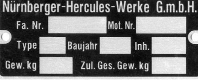 Typenschild Nürnberger-Hercules-Werke, Alu, Blanko, Neu, Mofa, Moped, Motorrad