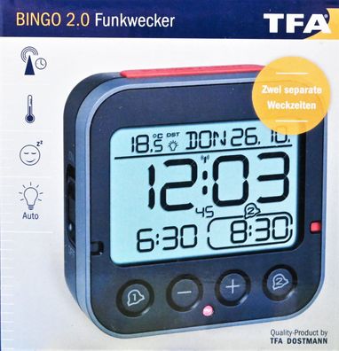 TFA Dostmann Bingo 2.0 digitaler Funk-Wecker mit Temperaturanzeige, Kunststoff