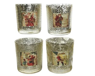 Glas-Teelicht Santa antik, 4-fach sortiert