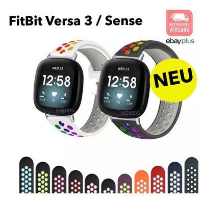 Für FitBit Versa 3 / Sense Armband Silikon Rainbow gelocht Ersatzband Sportband