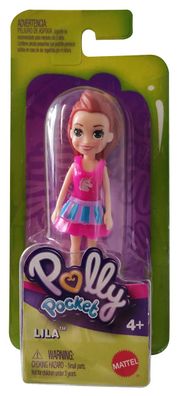 Mattel Polly Pocket GKL32 Puppe LILA im pinken Kleid mit blauen Streifen am Rock