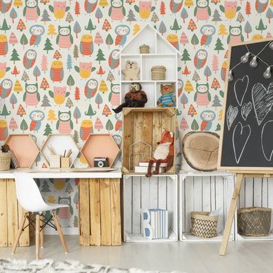 10m VLIES TAPETE Rolle Kinderzimmer Waldtiere Vögel Eulen Bäume Wald XXL 3008