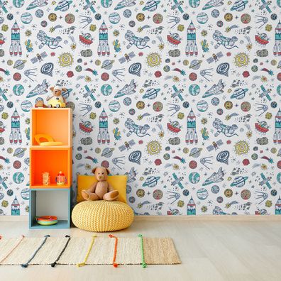 10m VLIES TAPETE Rolle Kinderzimmer Kosmos Raketen Planeten Sterne XXL 2942