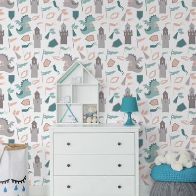 10m VLIES TAPETE Rolle Kinderzimmer Drachen Feür Schlösser Schilde XXL 3261