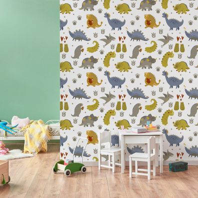 10m VLIES TAPETE Rolle Kinderzimmer Dinosaurier Vögel Herzen Bunt XXL 3368