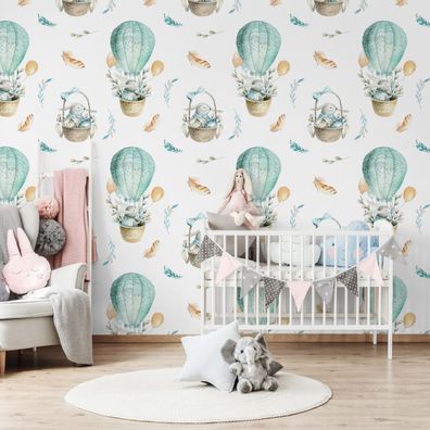 10m VLIES TAPETE Rolle Kinderzimmer Hasen Luftballons Sterne Aquarell XXL 3364
