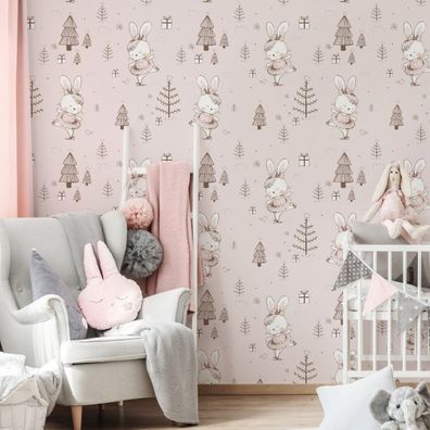 10m VLIES TAPETE Rolle Kinderzimmer Wald Hasen Mädchen Schnee Bäume XXL 3778