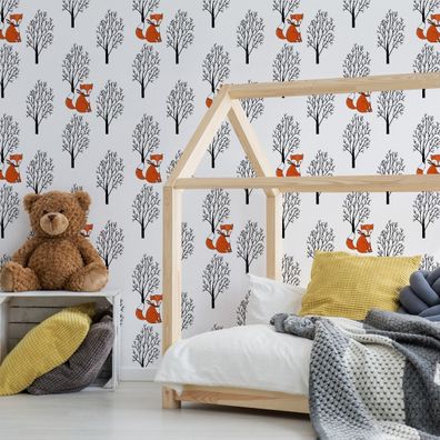 10m VLIES TAPETE Rolle Kinderzimmer Wald Bäume Tiere Füchse Gemalt XXL 4083