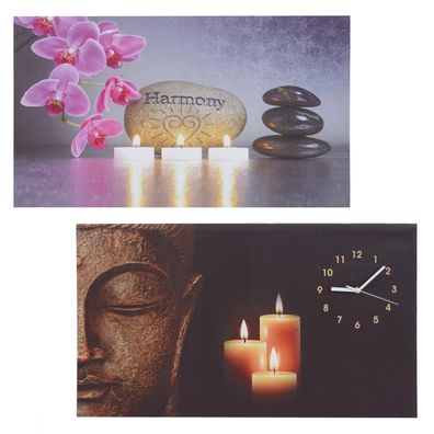 2er-Set LED-Bild, Leinwandbild Leuchtbild Bild Timer Buddha/ Harmony Wanduhr 70x40cm