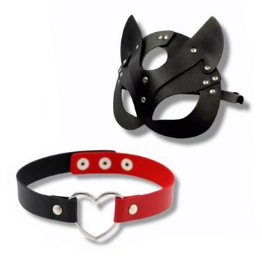 2 Teiliges Set Katzenmaske mit Halsband Fetisch BDSM Kostüm Maske Rollenspiele