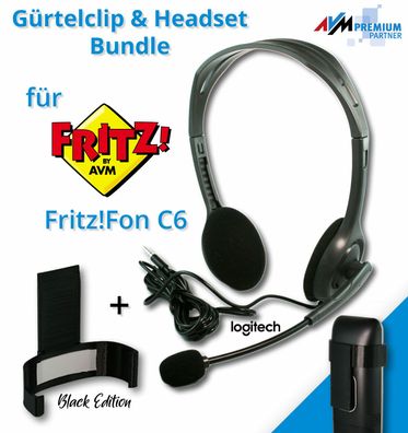 Headset & Gürtelclip Bundle für AVM Fritz!Fon C6 schwarz NEU Fritzfon Kopfhörer