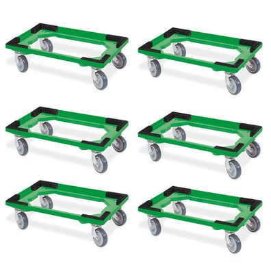 6 Transportroller für 600x400 mm Drehstapelbehälter, offen, gr. Gummiräder, grün