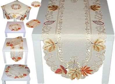 Tischdecken Tischläufer Deckchen HERBST Creme Stickerei Blätter Terrakotta
