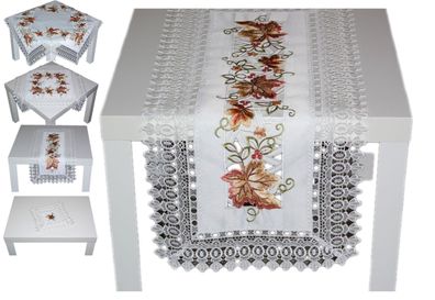 Tischdecke Tischläufer Deckchen Mitteldecke Spitze Weiß Stickerei Blätter HERBST