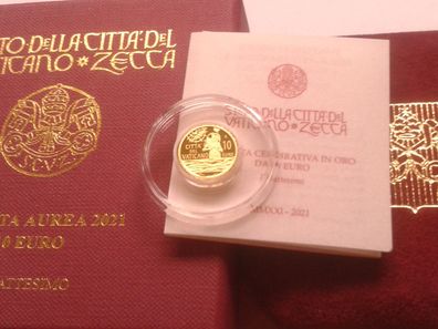 Original 10 euro 2021 PP Vatikan Gold 3g Taufe m Etui mit Zertfikat und Umverpackung