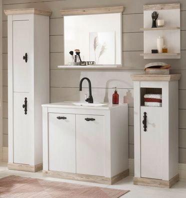 Badmöbel Set Badezimmer komplett 6-teilig weiß Pinie mit Waschbecken Rovola 205 cm
