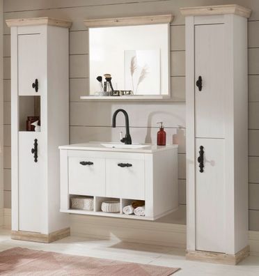 Bad Möbel Badezimmer komplett Set MIT Waschbecken weiß Pinie Waschtisch Rovola