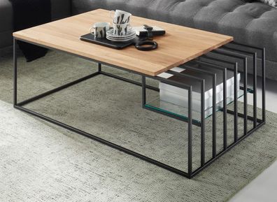 Couchtisch Juba Eiche massiv geölt Metall schwarz Wohnzimmer Tisch mit Ablage 120x60