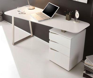 Schreibtisch Tori weiß matt Lack und Edelstahl mit Stauraum für Homeoffice und Büro