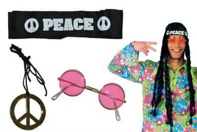 Hippie Set 3tlg. Stirnband Brille Peace Amulett Kostüm Hippie Karneval Fasching