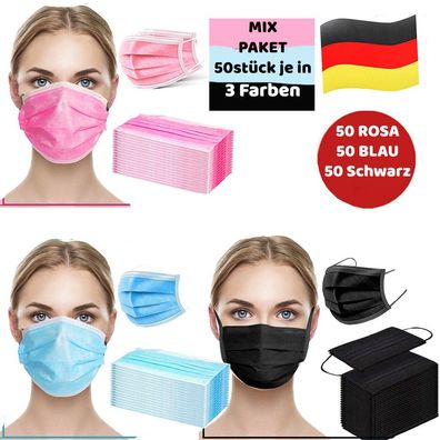 150 Stück Schwarz Rosa Blau OP-Maske Schutz-Masken Mundschutz Einwegmaske 50er