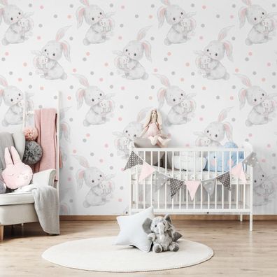 10m VLIES TAPETE Rolle Kinderzimmer Tiere Kaninchen Kugeln Aquarell XXL 2681