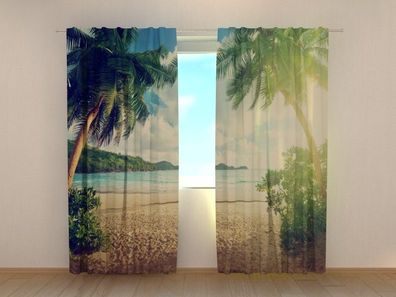 Fotogardine Strand auf den Seychellen, Vorhang mit Motiv, Digitaldruck, auf Maß