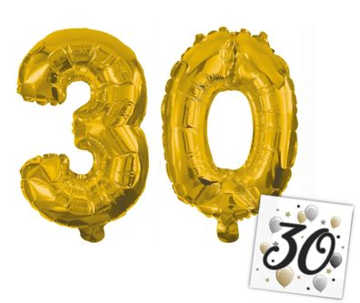 Procos Folienballons - Zahlen 3 & 0 für 30. Geburtstag (33cm, gold) + Servietten