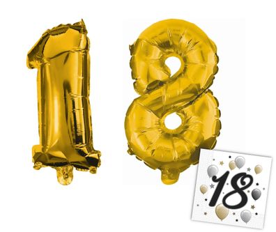 Procos - Folienballons Zahlen 1 & 8 für 18. Geburtstag (33cm, gold) + Servietten