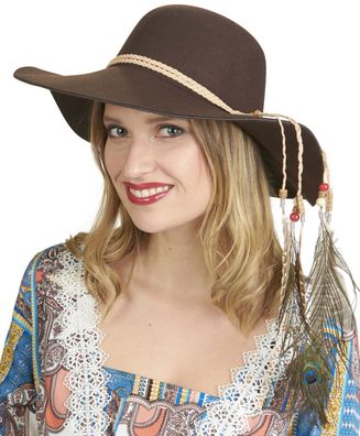Flapper brauner Hut mit Lederband und Federdeko Hippiehut 70er Karneval Fasching