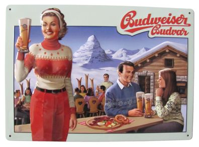 Budweiser Brauerei - Frau mit Skifahrern - Blechschild 29,5 x 21 cm