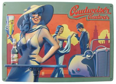 Budweiser Brauerei - Blechschild 20 x 30 cm - Frau & Paar an Oldtimer