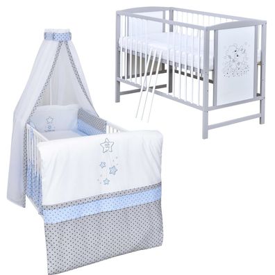 Babybett Kinderbett 120x60 Grau Weiß Bärchen Komplett Bettset mit Stickerei