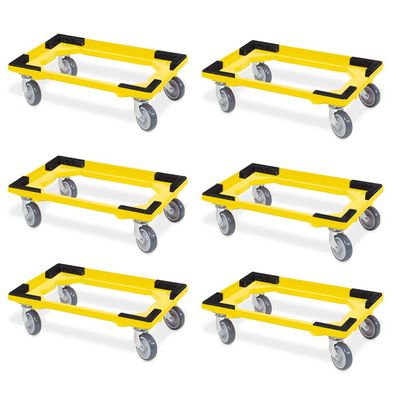 6 Transportroller für 600x400 mm Drehstapelbehälter, offen, gr. Gummiräder, gelb
