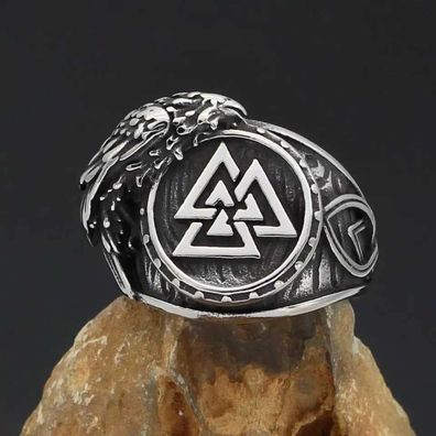 Ring Valknut mit Rabe aus Edelstahl 5 Größen Wikinger Vikings