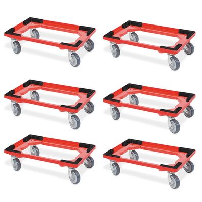 6 Transportroller für 600x400 mm Drehstapelbehälter, offen, gr. Gummiräder, rot