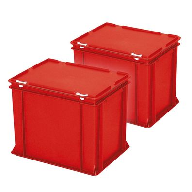 2x Deckelbehälter m. Deckel u. Schiebeverschlüssen, LxBxH 400x300x330 mm, rot