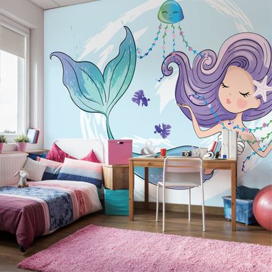 Muralo Selbstklebende Fototapeten XXL Mädchen Meerjungfrau Quallen 2832
